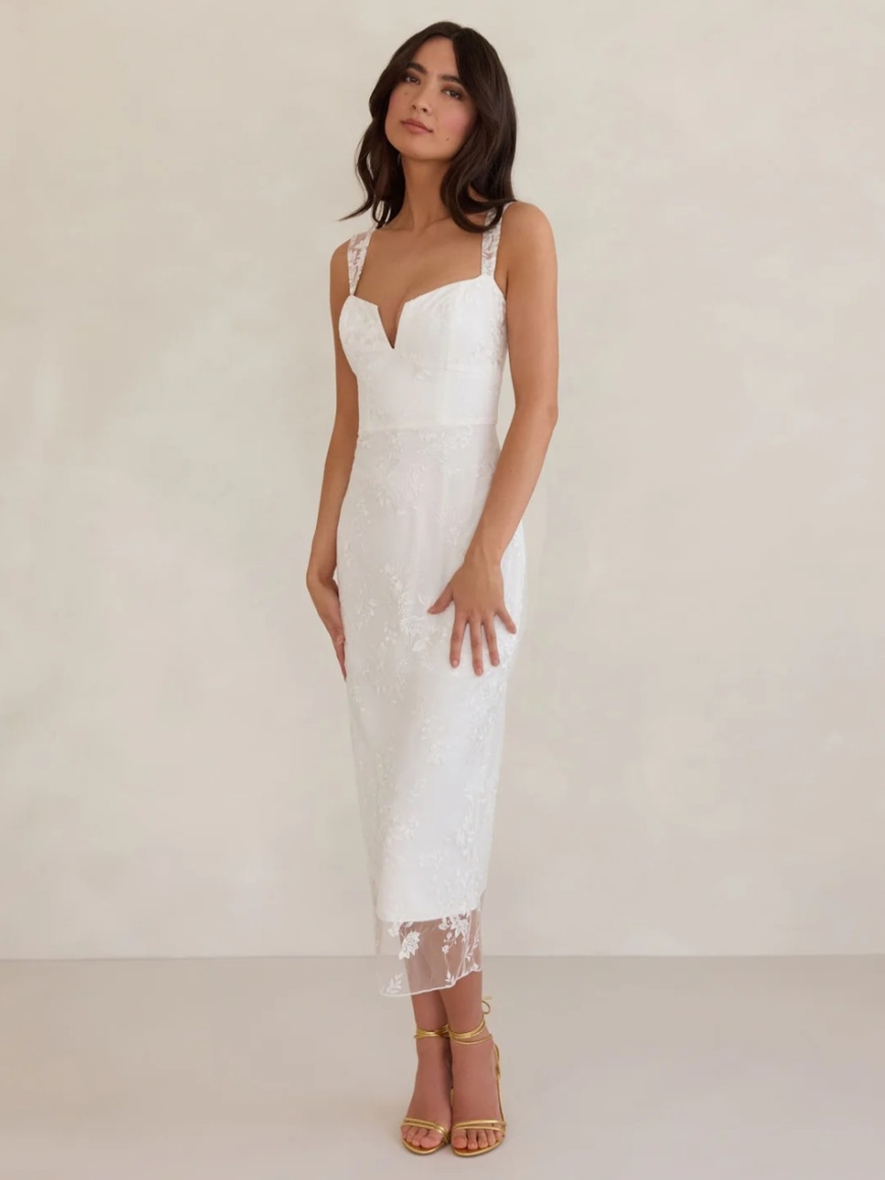 White Lace Midi Dress with Sweetheart Neckline